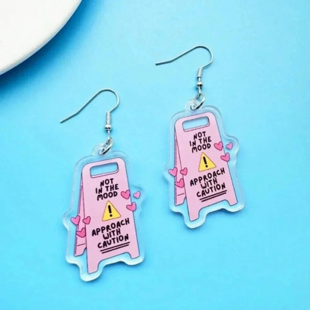 1 pair ladies pink wet floor sign caution I’m not in the mood dangle earrings